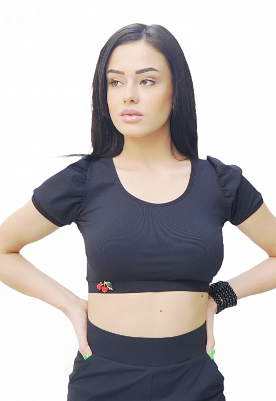 Черен crop top с буфан ръкав 