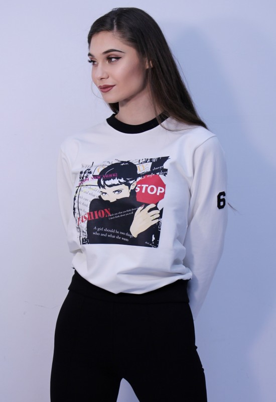 Суитшърт в цвят ванилия с апликация Stop